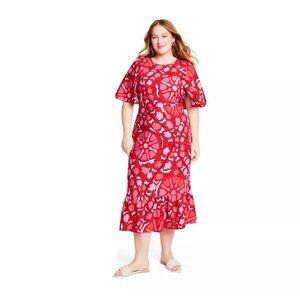 Rhode X Target Size 14 NEW Red Zinnia Floral Print Short Bell Sleeve Midi Dress